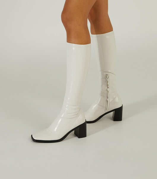 White Tony Bianco Damon Ecru Crinkle Patent 7.5cm Knee High Boots | DUSKV88500